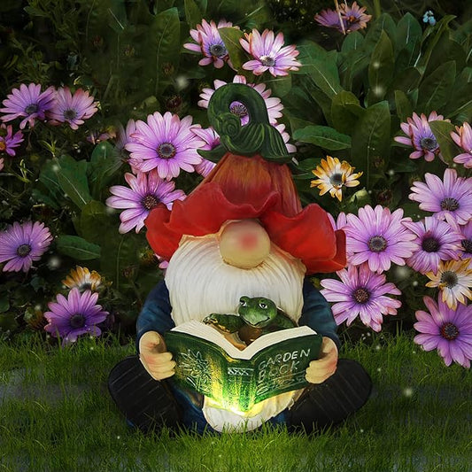 Garden gnome resin figurine hugging a green turtle while reading a book