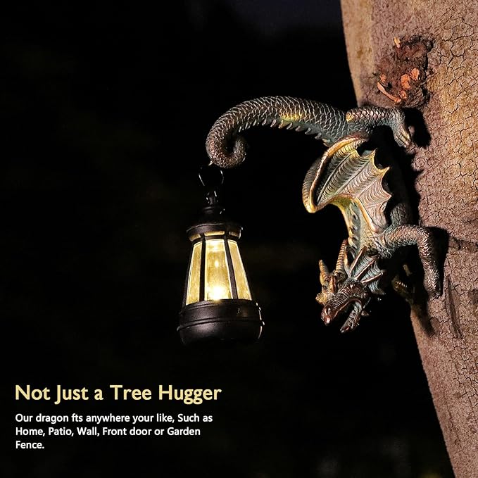 Solar lantern dragon tree hugger wall decor with black lantern and bronze dragon head