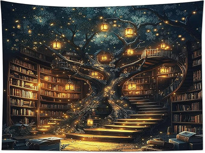 Fantasy Library Bookshelf Tapestry – 51"x59" Standard | HD Print Fairytale Magic Bookshelf | Retro Vintage Wall Hanging for Bedroom Living Room & Dorm