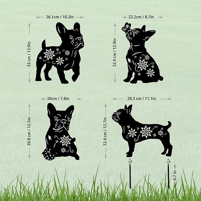 Black metal dog silhouette garden stakes shown with size labels and stakes