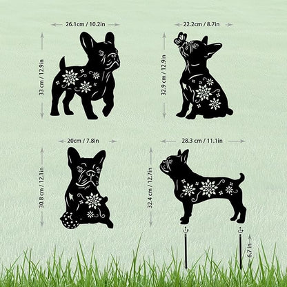 Black metal dog silhouette garden stakes shown with size labels and stakes