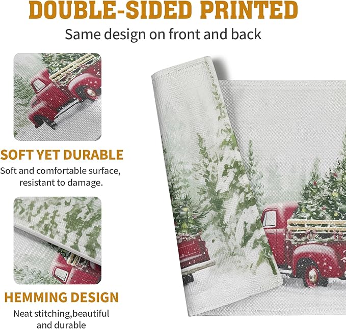 Pack of Christmas placemats with double-sided print of red truck and pine trees