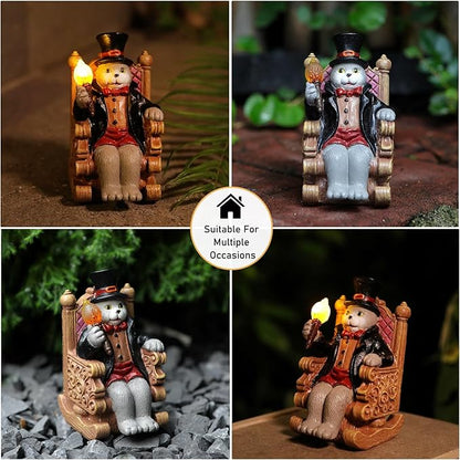 Cat Solar Garden Statue with Glowing Magic Wand - IP65 Waterproof Resin Decor