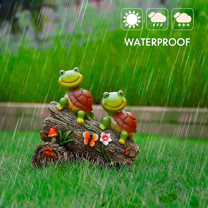 Solar Turtle Garden Statue with 4 LED Lights - Resin Outdoor Decor with Frog Face Design