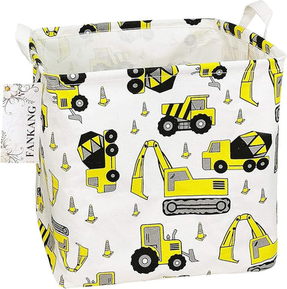 Construction Vehicles Canvas Storage Hamper Basket - Foldable Waterproof Digger Bin for Boys Room, Toy Storage, and Kids Gifts