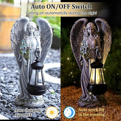 Gray angel garden statue with lantern, front view with glowing light in the lantern.