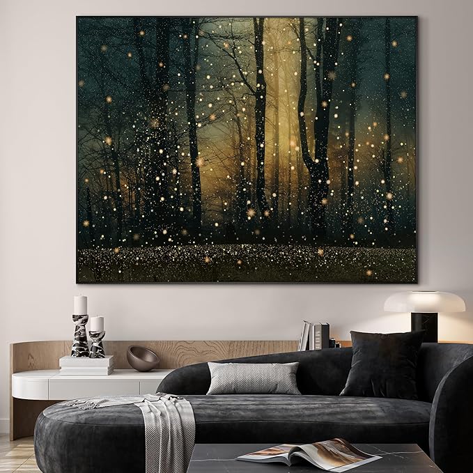 Magical Firefly Forest at Twilight Framed Wall Art – 46"x60" Enchanted Nature Scene | Large Format Warm Glow Statement Decor for Living Room & Bedroom