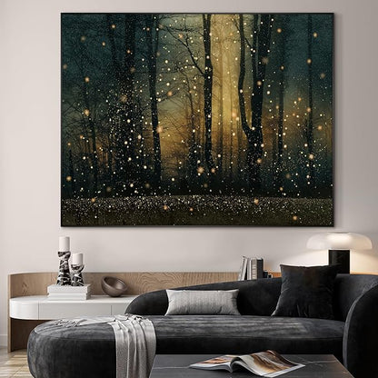 Magical Firefly Forest at Twilight Framed Wall Art – 46"x60" Enchanted Nature Scene | Large Format Warm Glow Statement Decor for Living Room & Bedroom