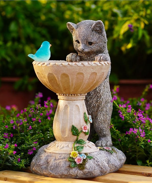 Cat Birdbath Garden Statue with Solar Light - Handcrafted Resin Outdoor Decor