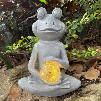 Solar Yoga Frog Garden Statue - Meditating Zen Frog Outdoor Decor with LED Light