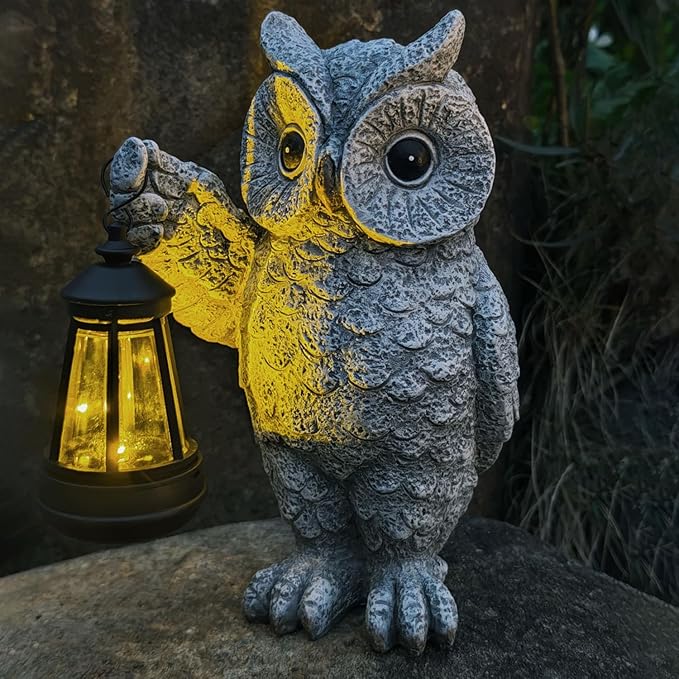 Solar Owl Garden Statue Holding Lantern - Realistic Resin Outdoor Decor