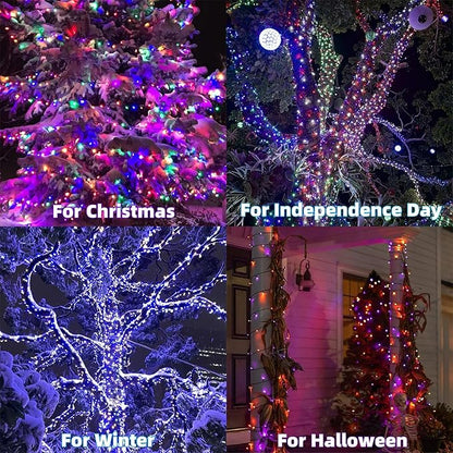 RGB fairy string lights wrapped around trees in four holiday display scenes