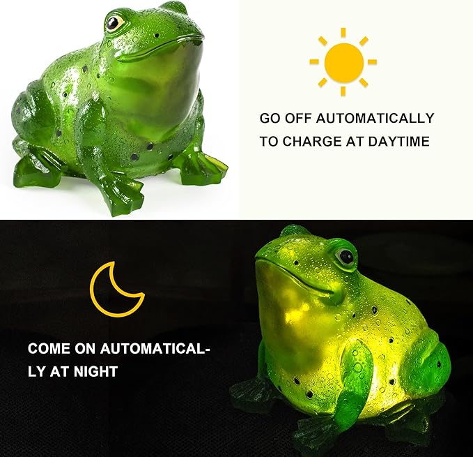 Green Solar Frog Garden Statue Light - Polyresin Outdoor Lawn and Patio Decor