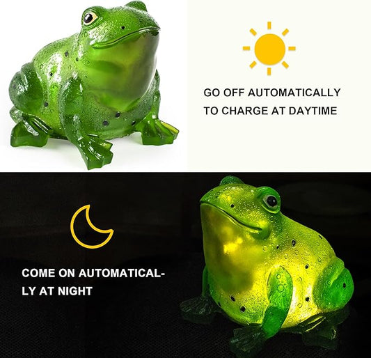 Green Solar Frog Garden Statue Light - Polyresin Outdoor Lawn and Patio Decor