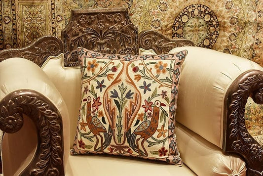 Cream cushion cover with colorful bird and floral needlework, square front