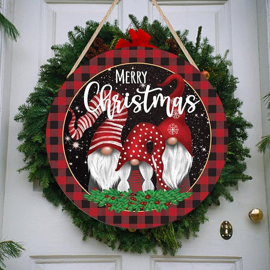 Round wooden hanging Christmas sign with plaid border, 'Merry Christmas' and three gnomes