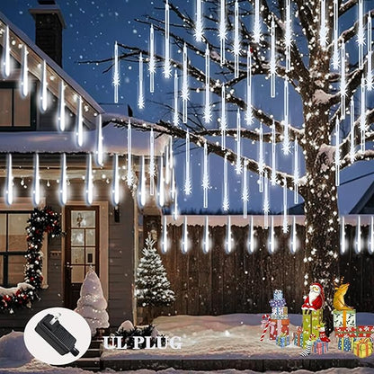Outdoor icicle string lights with 24 glowing tubes along a roofline.