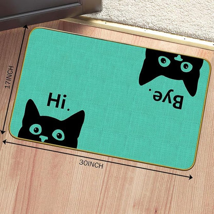 Green doormat with black cat face graphics, “Hi” message, 30-inch size