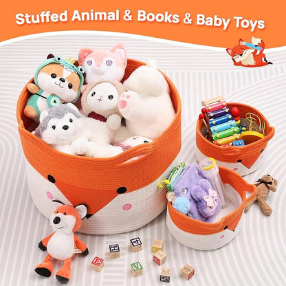 Orange-and-white woven storage baskets with fox face design for stuffed toys and books