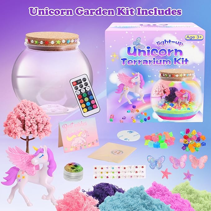 Light-up unicorn terrarium kit box with terrarium jar, remote, sand, unicorn, and tree pieces