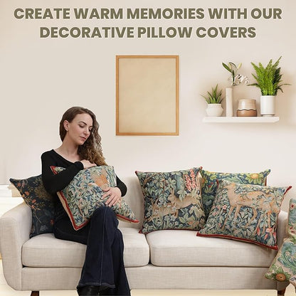 Square blue floral tapestry pillow cover with woven botanical foliage pattern