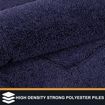 Navy blue dense low-pile polyester runner with short looped texture