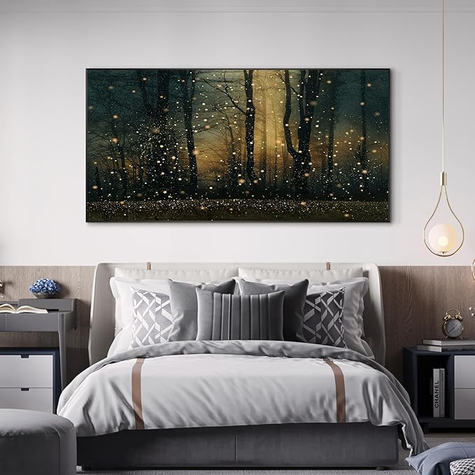 Magical Firefly Forest at Twilight Framed Wall Art – XL 36"x72" Enchanted Nature Scene | Grand Statement Home Decor for Living Room & Bedroom