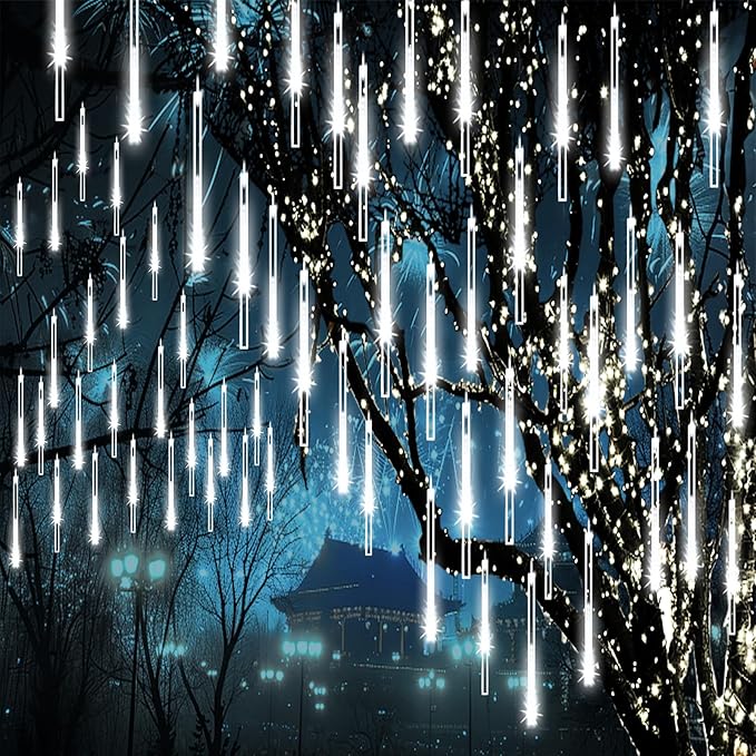 Cascading icicle lights with bright white falling beams, outdoor meteor effect.