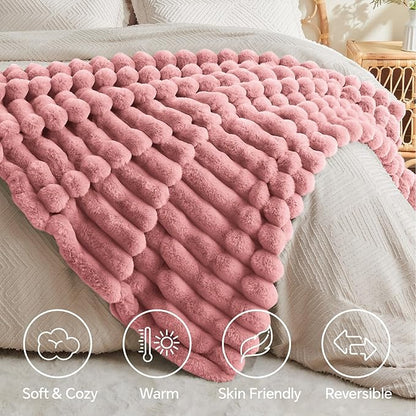 Pink Faux Rabbit Fur Throw Blanket – 50"x60" | 770GSM Double-Sided Luxury Fluffy Blanket | 3D Striped Plush Couch Throw for Women