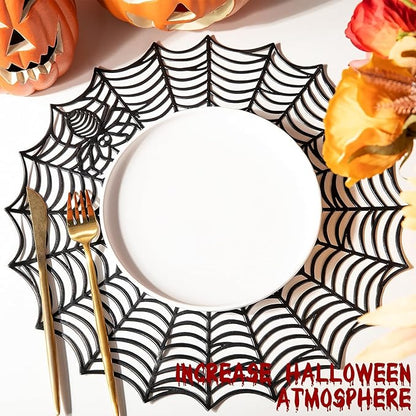 Round black spider web PVC placemat with a large white center circle