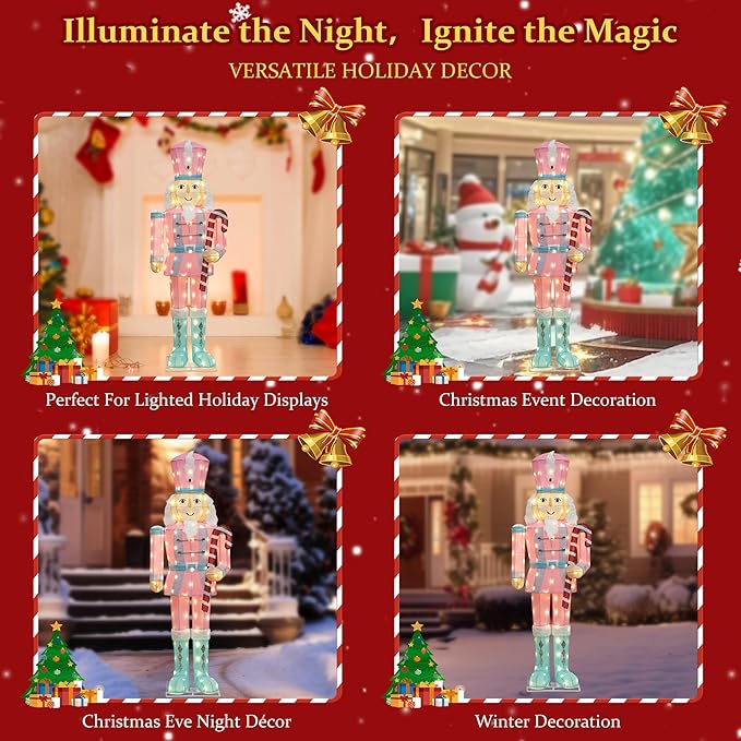 Multi-panel display showing LED-lit nutcracker yard stakes in winter holiday scenes