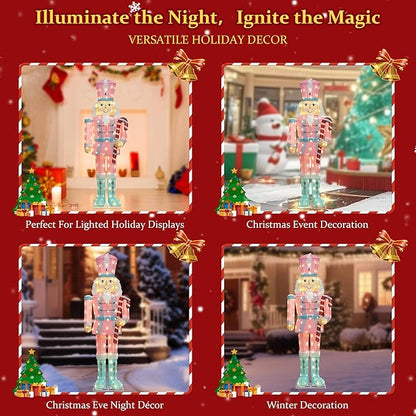 Multi-panel display showing LED-lit nutcracker yard stakes in winter holiday scenes