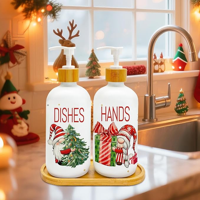 Two-pack holiday soap dispenser bottles with pumps on wooden tray, labeled DISHES and HANDS
