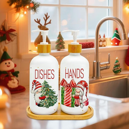 Two-pack holiday soap dispenser bottles with pumps on wooden tray, labeled DISHES and HANDS