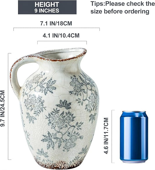 Chinoiserie ceramic vase with blue floral motif, double handles, textured rim