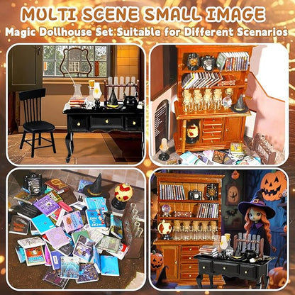 Witchy dollhouse miniature set in multiple scenes with furniture and book accessories