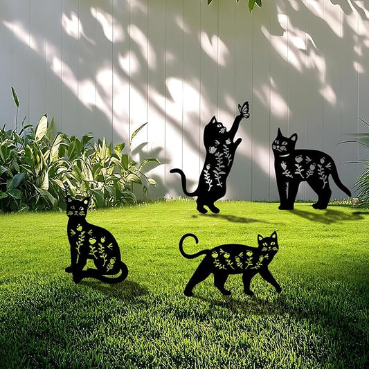Black Cat Metal Garden Stakes Set of 4 - Weather-Resistant Silhouette Yard Decor for Lawns, Patios, Flower Beds, and Cat Lovers
