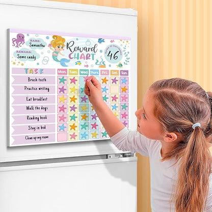 Mermaid Reward Chart for Kids – 26 Magnetic Chore Charts | 1960 Diamond Stickers | 56 Reward Stickers | Behaviour Chart for Home Fridge School