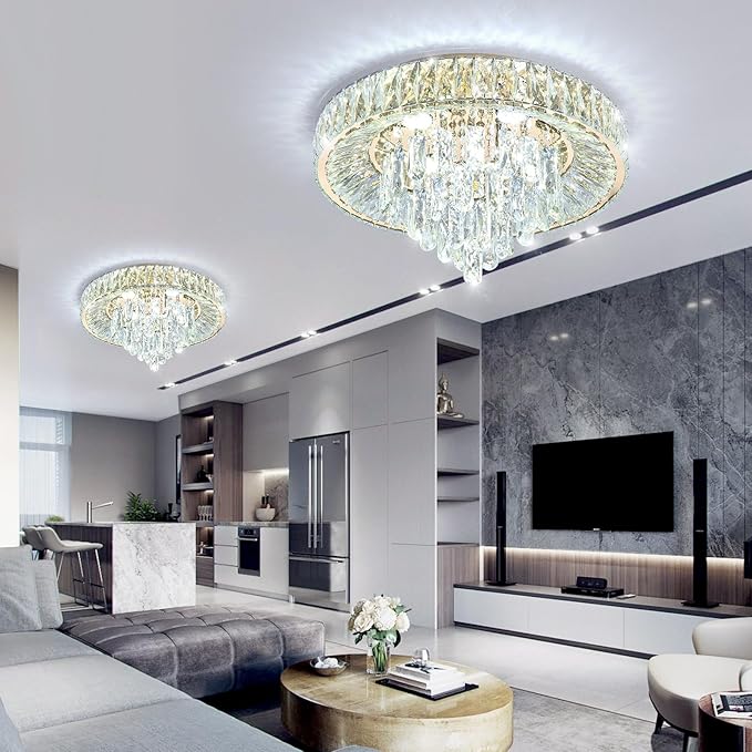 Clear crystal flush mount chandelier with faceted drops in contemporary open-plan room