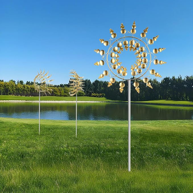 3D Kinetic Metal Wind Spinners – 2-Pack Golden Garden Wind Sculpture | Multi-Directional Ball Bearing | Yard & Garden Decor
