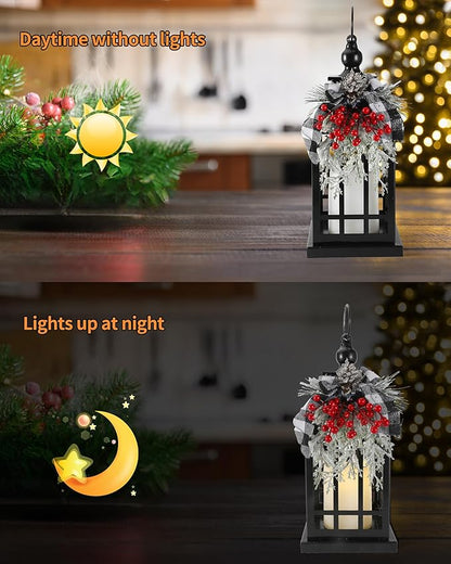 Black metal Christmas lantern with faux flameless candle, white window panels, wreath decor