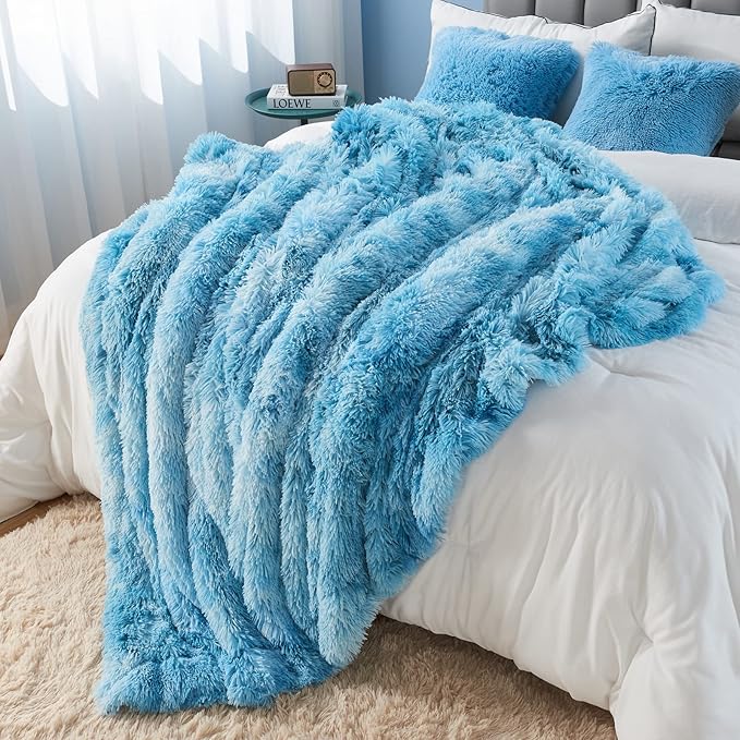 Tie-Dye Ocean Blue Faux Fur Throw Blanket – 50"x60" | 1.5" Deep Shaggy Plush | Boho Couch Throw for Sofa & Bed
