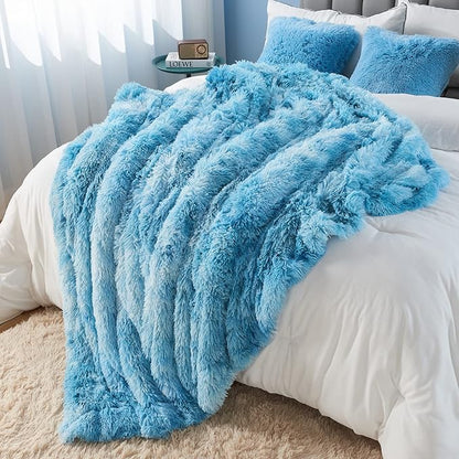 Tie-Dye Ocean Blue Faux Fur Throw Blanket – 60"x80" Twin Size | 1.5" Deep Shaggy Plush | Boho Bed Throw for Sofa & Twin Bed