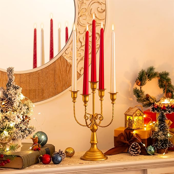 Gold 5-arm metal candelabra with five taper candles in red and cream