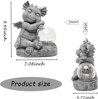Dragon figurine size diagram with front and side views and glowing orb on base