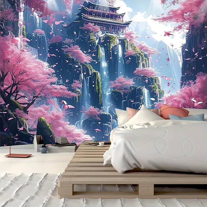 Japanese Cherry Blossom Tapestry – 79"x59" | HD Print Pink Sakura Mountain Waterfall Fairytale | Asian Aesthetic Wall Hanging for Bedroom & Living Room