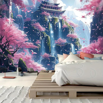 Japanese Cherry Blossom Tapestry – 59"x39" Small | HD Print Pink Sakura Mountain Waterfall Fairytale | Asian Aesthetic Wall Hanging Accent