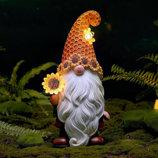 Sunflower solar LED garden gnome statue with honeycomb hat and white beard