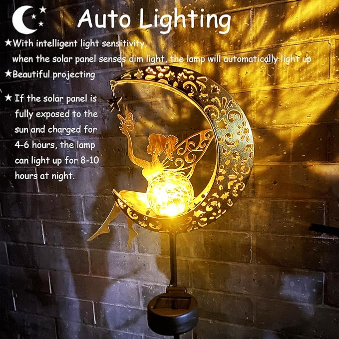 Glowing gold crescent moon angel solar yard stake light, decorative cutout metal