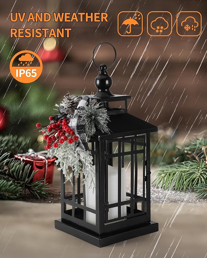 Black outdoor Christmas lantern with faux flameless candle and red-and-silver wreath decor